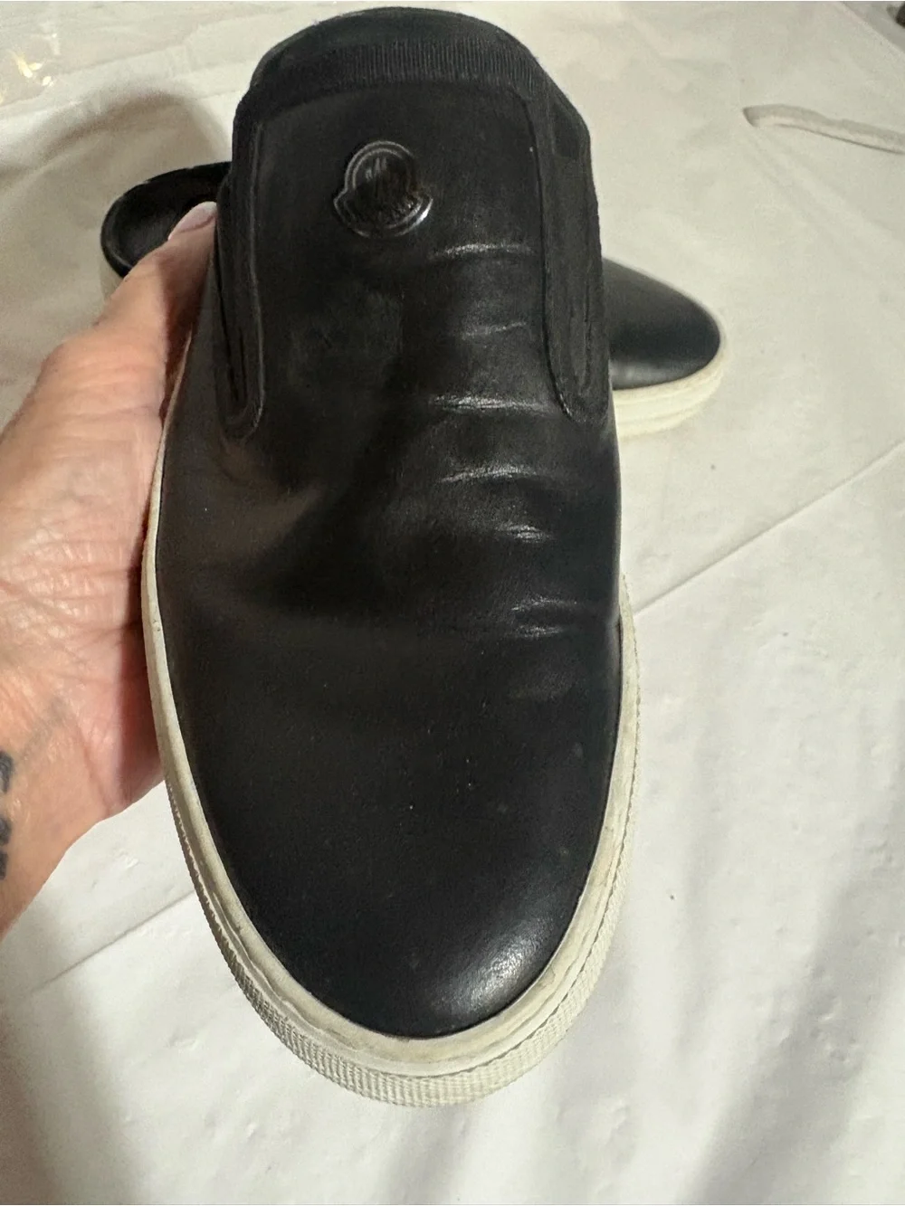 Moncler Black Leather Slip-On Loafers with White Sole